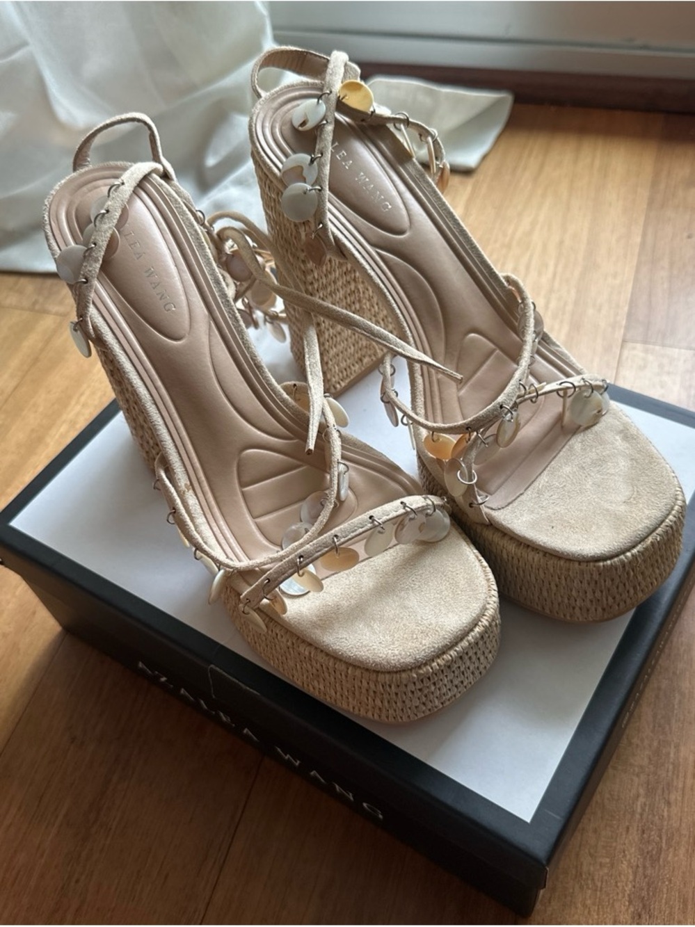 Beige Raffia Platform Sandals with Shell Accent Straps